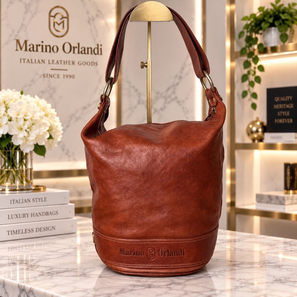 Marino Orlandi Brown Leather Bucket Bag Italian Shoulder Tote Vintage Hobo